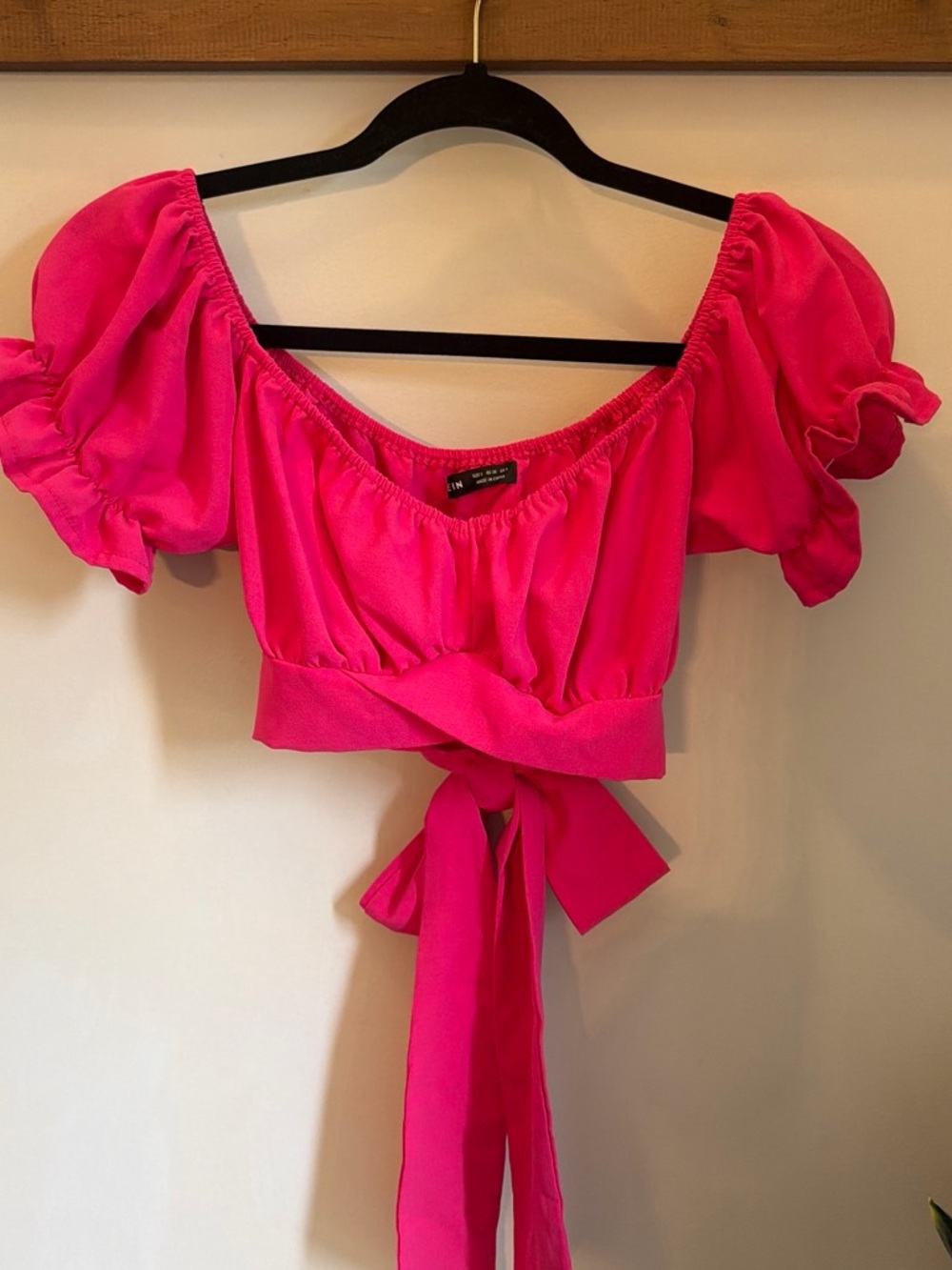 SHEIN Hot Pink Puff-Sleeve Wrap Crop Top